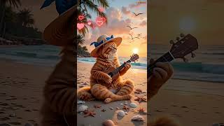 Sunset Serenade: The Radiant Cat on the Beach. #BeachVibes# #MajesticTabby# #Cat musician#