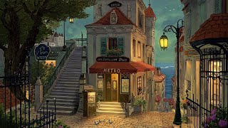 1930s beach alley ambience on warm autumn night with soft oldies playing in another room