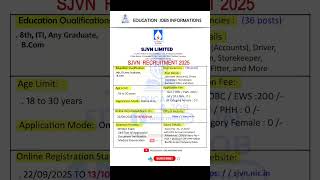 SJVN Workman Trainee Recruitment 2025 |NewVacancy 2025| Education JobsInformation #shorts#shortvideo