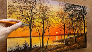 Draw a sunset scene / Acrylic landscape painting / Art paintings / A Lu Art.