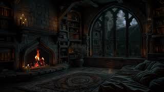 Rainy Night in a Castle 🌧️ Cozy Fireplace & Thunderstorm for Relaxation & Sleep🔥