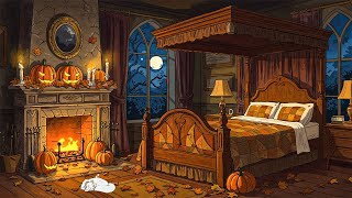 a vintage bedroom in 1950s autumn 🍂 sweet oldies playing in another room & fireplace sounds
