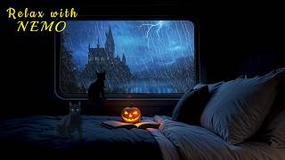 Relaxing Night Halloween Train Ride During Thunderstorm 🚂 Dimly Lit Sleeper Train Ambience for Sleep