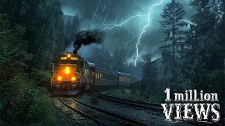 雨と雷の音とともに森を抜ける夜行列車