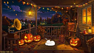 cozy autumn porch 1940s and you're listening to vintage jazz on a cozy halloween ambience