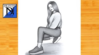How to draw a easy sitting Girl -Drawing sketch || Pencil sketch for beginner || Girl sitting sketch