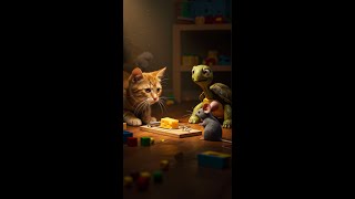The mouse wants to eat the cheese, the cat is waiting, and the turtle is watching the show.