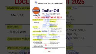 IOCL Recruitment 2025 | New Vacancy 2025 | Education Jobs Informations #shorts