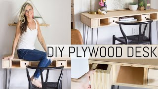 DIY Plywood Desk with Hairpin Legs and Magnetic Pop-Out Storage Bins
