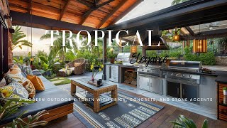 Tropical Elegance: A Modern Outdoor Kitchen with Brick, Concrete, and Stone Accents