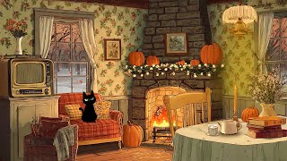 it's 1950s vintage autumn on a room cottage with soft oldies music playing in another room