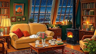 a peaceful winter night 1950s with oldies playing in another room (crackling fireplace) 🔥