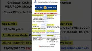 Indian Bank Specialist Officer Recruitment 2025 | New Vacancy 2025 #shorts #job #shortvideo