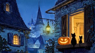 Rainy 1940s Rooftop Ambience | Vintage Oldies Playing in Another Room for Autumn Halloween Night 🎃