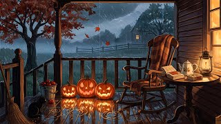 rainy autumn night 1940s and you're listening to vintage music on a cozy cottage porch