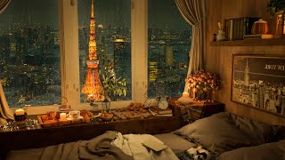 Tokyo | 4K Relax In A Cozy Bedroom with Rain On Window | Jazz Music for Relax and Study