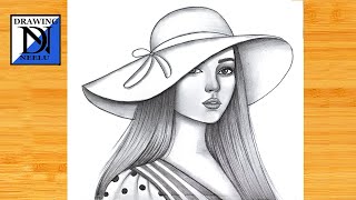 Drawing a Girl with Long Hair & Big Hat || Realistic Pencil Sketch Tutorial || Fashion Girl Drawing