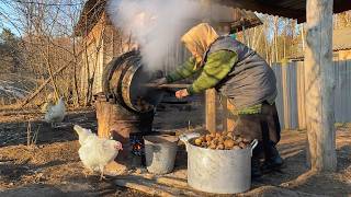 Simple Village Joys: Woodcutting, Traditional Cooking, and Farmyard Harmony