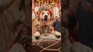 Dog standing on hind legs, playing dhol at wedding baraat.#DogDhol #IndianWeddingFun #DanceViral