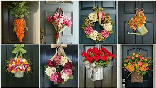 Best Front door flowers decoration craft with baskets/umbrella/wreath styles ideas