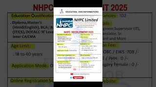 NHPC Recruitment 2025 | New Vacancy 2025 | Education Jobs Informations #shorts