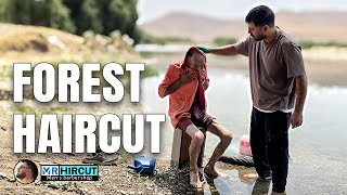 homeless man haircut in the (forest) shower in the( river)