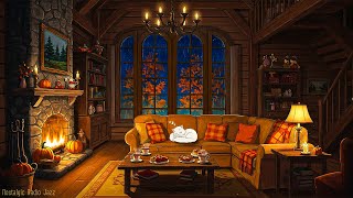 1950's rainy night in cozy autumn reading nook ambience | classic oldies playing in another room