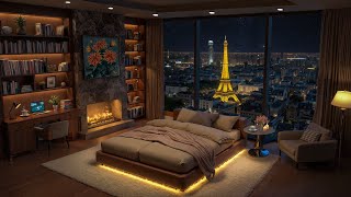 Calm Night Paris Apartment with Relaxing Piano Jazz Music - Elegant Jazz & Fireplace Sound for Sleep