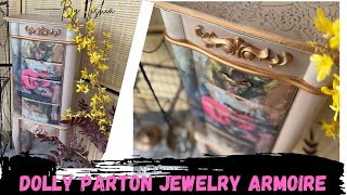 Dolly Parton Decoupage Jewelry Armoire Makeover|Elegant DIY with Heat Mold Appliqué & Raised Stencil
