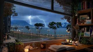 Cozy Study Room Rain Ambience 🌧️ Mountain & Lake View with Distant Thunder for Focus