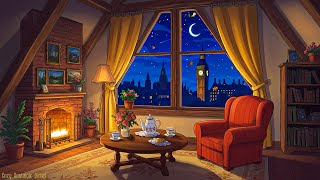 calm night in a in grandma's cozy cottage 1920s london | oldies playing in another room for unwind