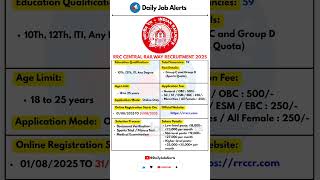 RRC Central Railway Recruitment 2025 | New Vacancy 2025 | Daily Job Alerts #shorts