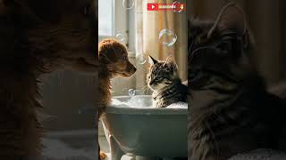 Too cute to handle! 🛁🐾 #puppyandkitten #cutepets #bathmoment #petshorts #animalcuteness #fluffylove
