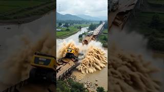 😲 Bridge Fails Mid-Work! Excavator Falls Into Raging River #EngineeringFail #construction #shorts