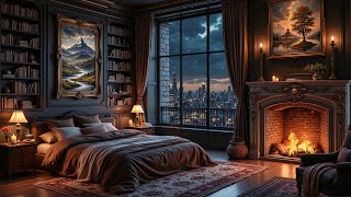 Cozy Night Jazz Piano & Fireplace Sounds -Elegant Jazz Music in a Bedroom with a City View for Sleep