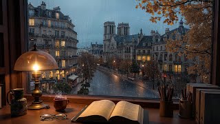 Paris Evening Rain Ambience with Warm Jazz🍂 Distant Thunder & Smooth Sounds for Study, Focus & Relax