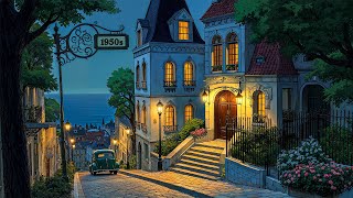 a rainy night in autumn with 1950s classic oldies playing in another room