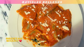 🌟Ravioles rellenos de ESPINACA y QUESO|Con salsa de tomate/Más FÁCIL imposible!! 😋 👌