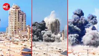 イスラエル国防軍の攻勢でガザ地区の高層ビルが倒壊した瞬間