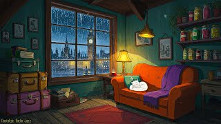 rainy day in london 1930s in grandmother's attic room with vintage oldies playing in another room