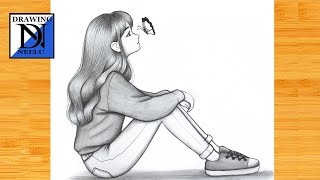 How to draw a sitting Girl with Butterfly || Pencil sketch for beginner || Girl drawing || Drawing
