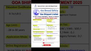 GOA SHIPYARD RECRUITMENT 2025 | New Vacancy 2025 | Education Jobs Information #shorts