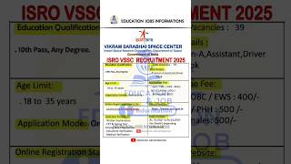 ISRO VSSC Recruitment 2025 | New Vacancy 2025 | Education Jobs Information #shorts