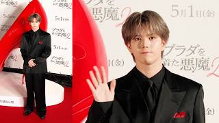 MAZZEL・RAN、シックなブラックスーツに赤をワンポイト！　映画『プラダを着た悪魔2』ジャパンプレミア来場