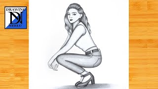 How to draw a easy sitting Girl -Very easy drawing || Pencil sketch for beginner || Girl drawing