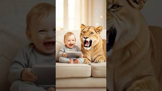 Cute baby laugh with Lion #cutebaby #laugh #animals #ai