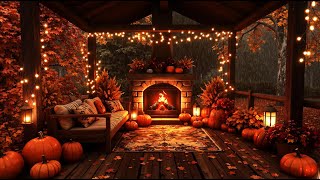 Autumn Porch Rain Ambience 🍂 Crackling Fireplace, Pumpkins & Peaceful Fall Vibes for Sleep and Study