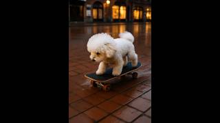 Bichon Skates Through a Wet City Plaza at Night 🌧️🛹🐶 #shorts #skatedogdaily