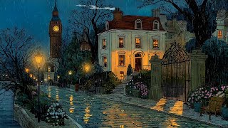 it's rainy night in 1940's with soft oldies playing in another room  ( Rainfall Front yard ambience)