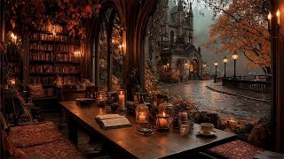 Gothic Reading Nook Under Warm Lights | Victorian Library Autumn Night | Dark Academia Ambience